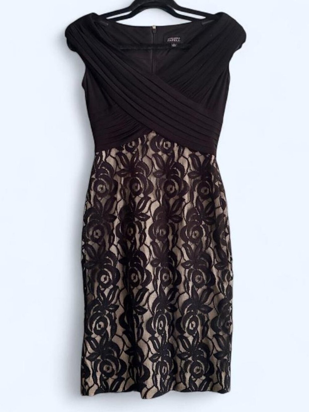 Adrianna Papell black floral lace draped midi dress with zipper back, size 4 / s